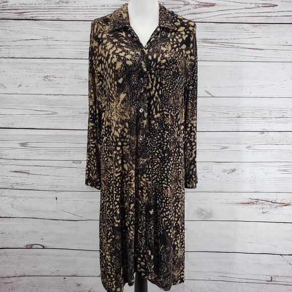 Chico's Travelers Brown Paisley Slinky Button Front Long Sleeve Dress Size 3 - Picture 2 of 13